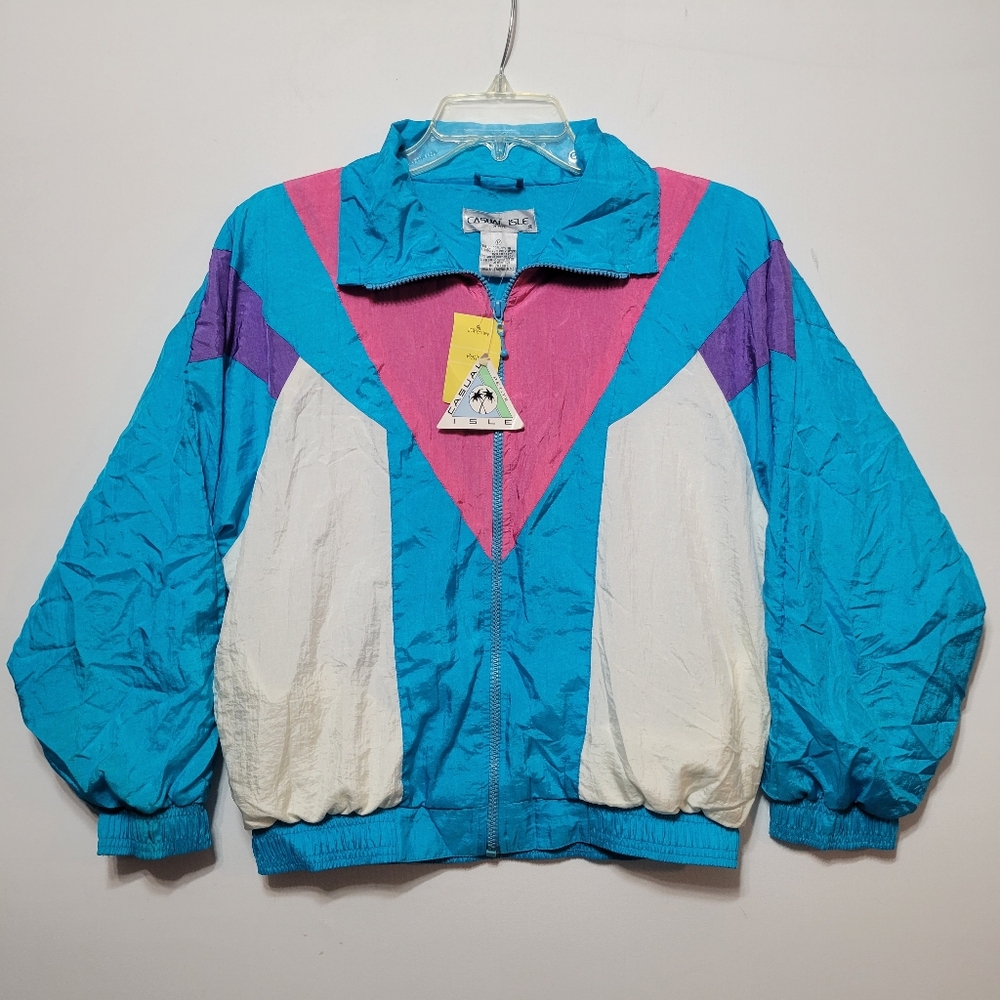 NWT Vintage Casual Isle Multicolor Colorblock Windbreaker Jacket Size P  Petite